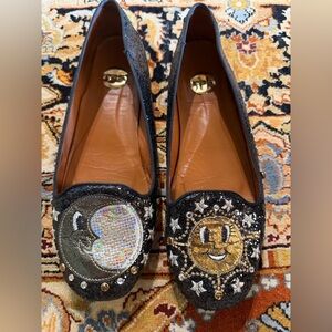RAS Embroidered Glitter Black and Gold/ Sun and Moon Women's Loafers- 40